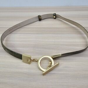 Snakeskin Belt Womens M Green Genuine Leather Gold Toggle Skinny Slim Quiet Luxe